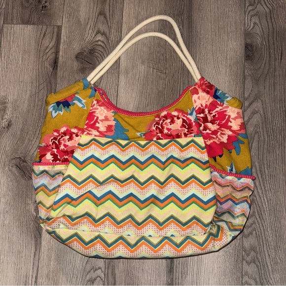 Matilda Jane Clothing Yellow Pink Floral Chevron Gather It Up Tote Bag - Picture 2 of 6
